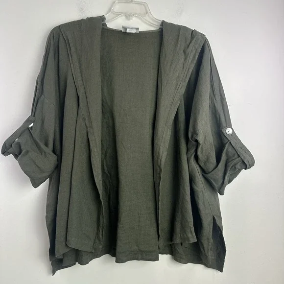 La Fixsun Linen Open Front Cardigan Hooded Size Small Green 3/4 Cuff Sleeve - Picture 1 of 8